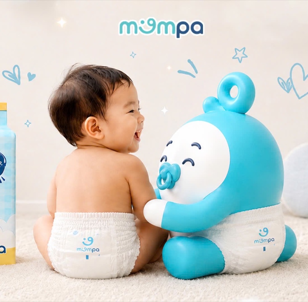 Bé mặc bỉm Mompa chơi cùng linh vật Mompa